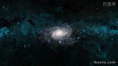 穿过太空中的恒星场和星云，发现了一个旋转的螺旋星系